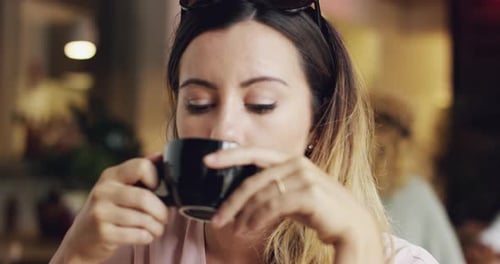 Woman, drinking coffee and thinking of future, dream in cafe with question