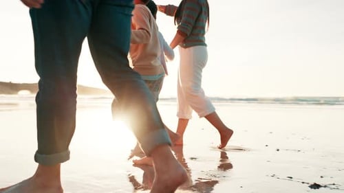 Happy family, feet or beach sand by holding hands in bonding, running or love to play on summer