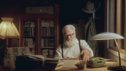Senior Man Typing on Vintage Typewriter at Desk