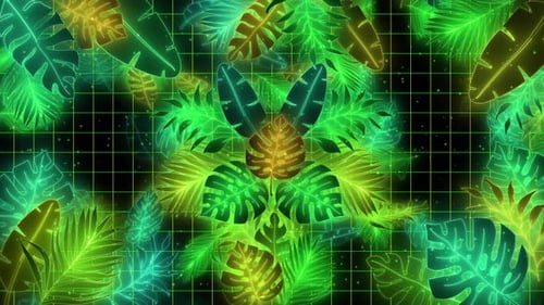 Neon Glowing Tropical Leaves Retro Grid Loop