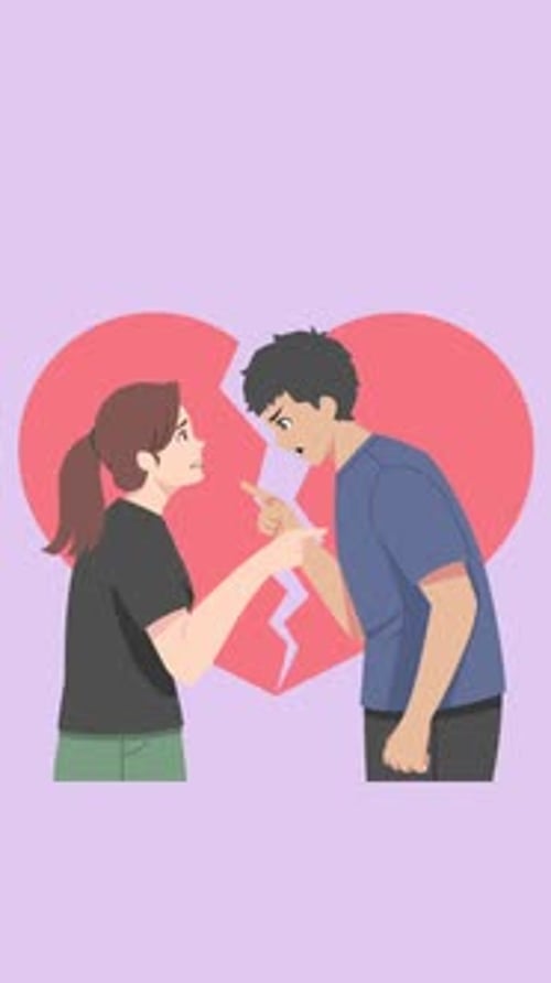 Animated Couple Arguing with Breaking Heart in Flat Design