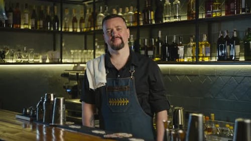 Portrait of a Caucasian Male Bartender Standing Behind the Bar of a Restaurant