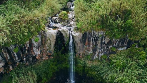 Water Cascade Flowing High Cliffs Aerial View Cold Stream Rushing Down Nature