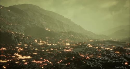 Volcano Landscape with Flowing Lava at Dusk Creating an Eerie Atmosphere