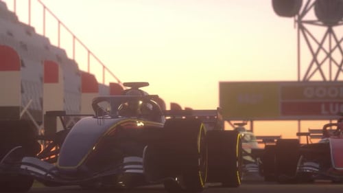 Portrait of modern race car pilot. Modern racing cars racing on a speedway