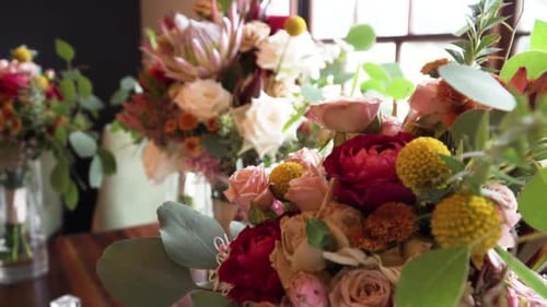 Macro Of Colorful Bouquet Of Flowers Display On A Table. close up