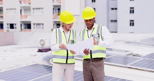 Planning, solar energy or engineering people with blueprint of construction