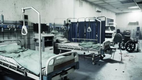 Abandoned Hospital Interior Showcasing Remnants of Medical Beds and Equipment