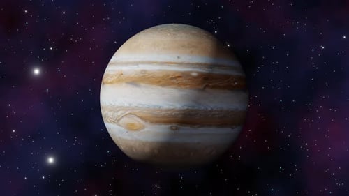 Planet Jupiter view from outer space and twinkling stars in the Milky Way galaxy 3d render. Solar