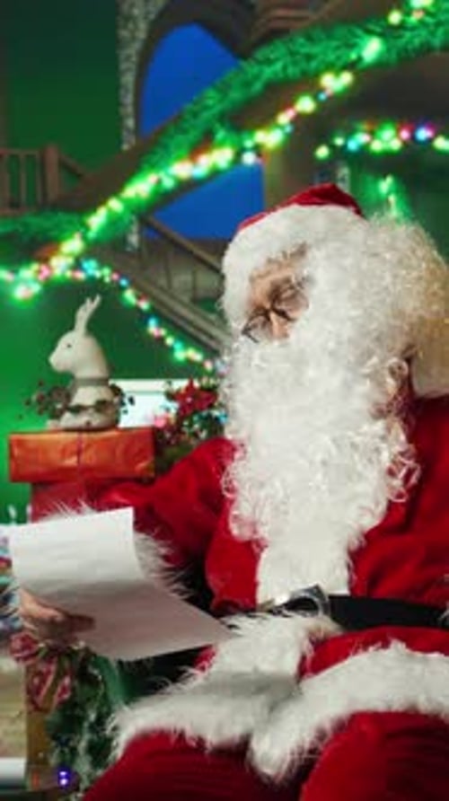Vertical Video Santa Claus Falling Asleep While Reading Christmas Letters From Kids