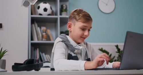 Smiling little boy chatting with friends on website communicator. Portrait of child learning online