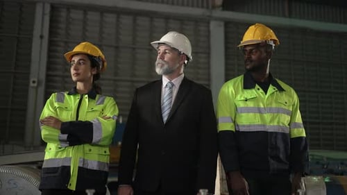 White collar worker and blue collar workers are working together at metal sheet factory.