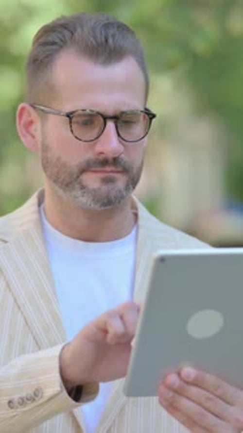 Man in Blazer Using Tablet in City Park