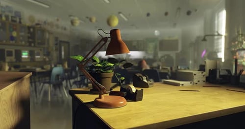 Klassenzimmerarbeitsplatz mit einer Schreibtischlampe und Pflanzen in einer schulischen Umgebung