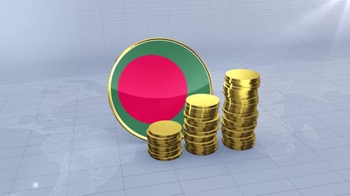 Bangladesh Flag With Plain Gold Coins Tower