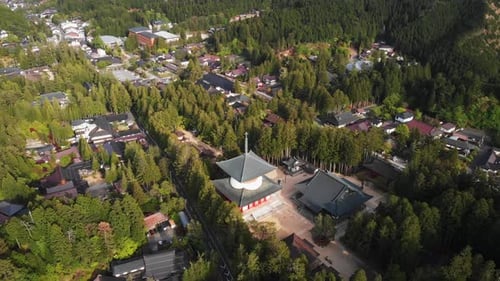 Aerial Drone Panoramic Japanese Village Koyasan Temple Mount Koya buddhist Japan travel destination,