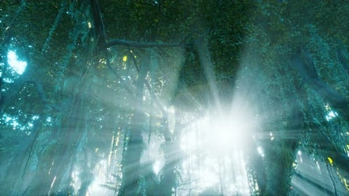 Animated Forest Canopy with Sun Rays Through Vines