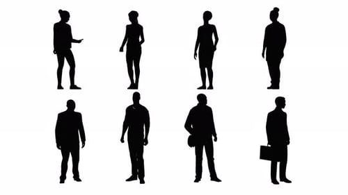 4K alpha channel,silhouette group of people standing on white background