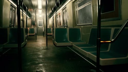 Voiture de métro faiblement éclairée avec sièges vides