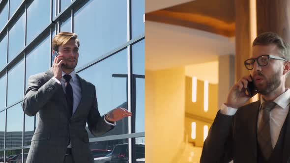 Split Screen Businessmen Communicate with Each Other By Calling on the ...