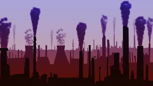 Animação de poluição, vapor e fábrica industrial para fabricação, resíduos químicos