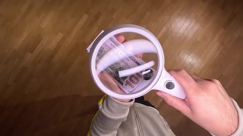 Pov First Person View Person Inspecting One Hundred Dollar Bill Magnifying Glass