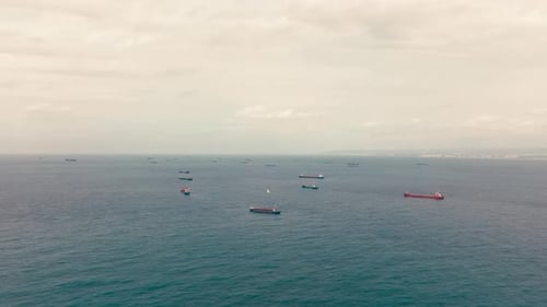 Large number of cargo ships anchored away from port during the 2022 maritime congestion problem
