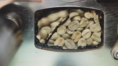 Close Up View of Many Small Appetizing Coffee Beans Seen Moving Around in a Roster Where It is Fried