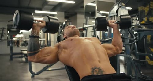 Muscular Bodybuilder Man Lifting Heavy Weights Black Dumbbells Gym Concept Healthy Lifestyle