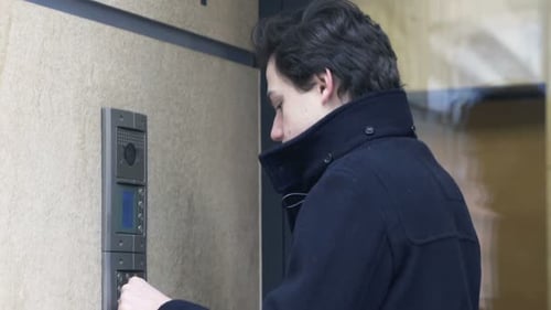 Young Teenager Input Open Code on Intercome and Enter Apartment Building Access