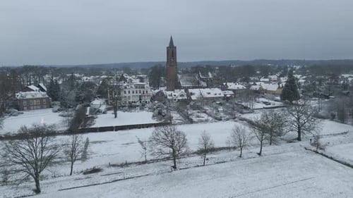 Snowy Amerongen Village at Dawn, Aerial Drone Shot