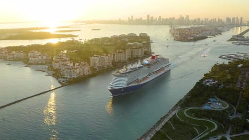 Cruise Ship at port of Miami and skyscrapers behind it. Florida, USA.