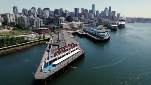 Downtown Waterfront Pier Aerial On Summer Day In Seattle Washington