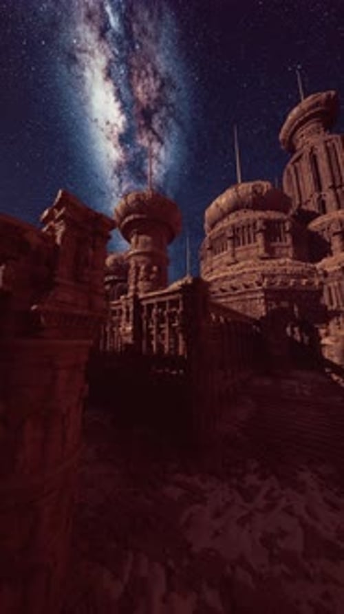 Ciel nocturne rempli d'étoiles au-dessus de l'ancien temple