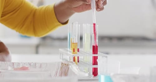 Mains d'une grand-mère afro-américaine faisant une expérience de chimie avec sa petite-fille, espace de copie