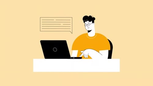 Flat Design Man Typing on Laptop Animation with Chat Bubble