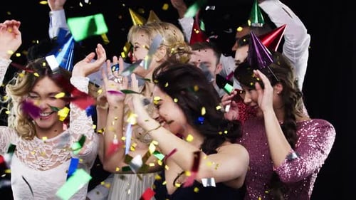 Party, happy birthday and friends in a studio to dance in celebration of a global social event