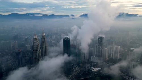 Drone shot over KLCC twin tower and surrounding skyscraper