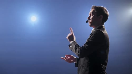 Speech of Business Man Employee at Business Conference for Office Workers Speaker Talks to Audience