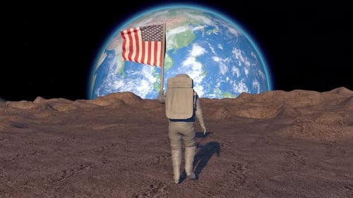 Astronaut Walks on Moon Surface with US Flag, Earth Background