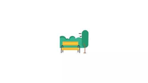 Flat Design Animation of a Park Bench with Green Bushes