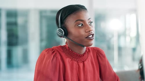 Call center, customer support and black woman in office for consulting, help and CRM service