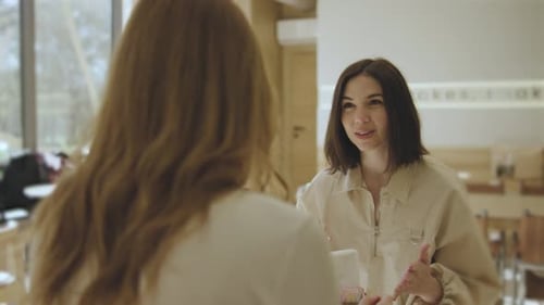 Two Beautiful Young Women are Sitting in a Cafe and Talking to Each Other Two Friends Met in a Cafe