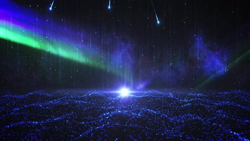 Meteore fallen auf den blauen Teilchenozean mit Polarlicht am Himmel.