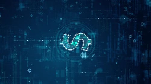 Синий Логотип цифровых денег и футуристический круглый HUD с большими данными, обрабатываемыми на фоне линии сетки