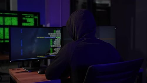 Hooded Hacker Coding at Computer in Dark Room