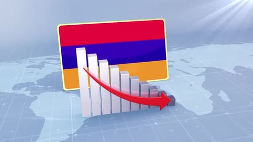 Armenia Flag With Decrease Bar Chart Graph And Arrow Red