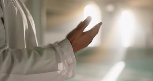 Islamic, person or prayer hands in Mosque for peace, gratitude or support to Allah in holy building