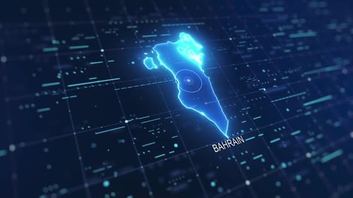 Glühende digitale Karte von Bahrain auf futuristischem Gitterhintergrund