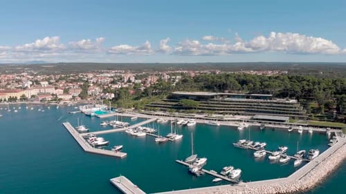 Croatia City Coastline with Boat Harbor on Beautiful Adriatic Sea. Aerial Drone View